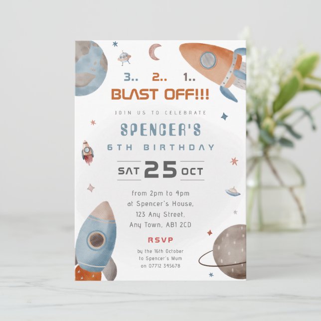 Invitación de Cumpleaños Cohete Espacial 3 2 1 Des (Anverso de pie)