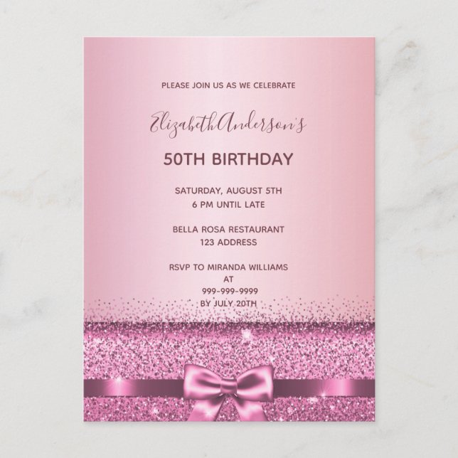 Invitación de cumpleaños color púrpura rosa (Anverso)