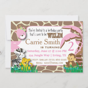 Invitación de cumpleaños color rosa de la jungla
