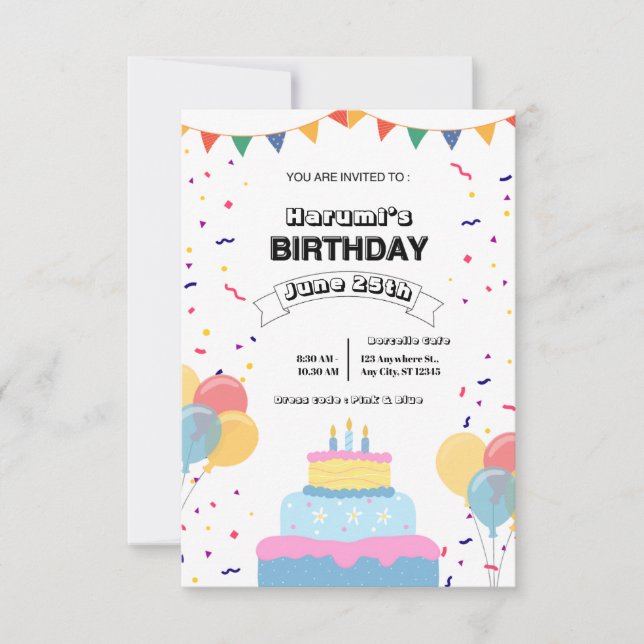 Invitación de cumpleaños colorida (Anverso)