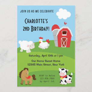 Invitación de cumpleaños colorida a la granja anim