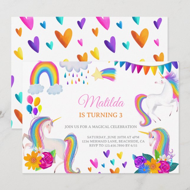 Invitación de cumpleaños colorida arcoíris de unic (Anverso / Reverso)