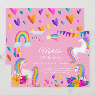 Invitación de cumpleaños colorida arcoíris unicorn