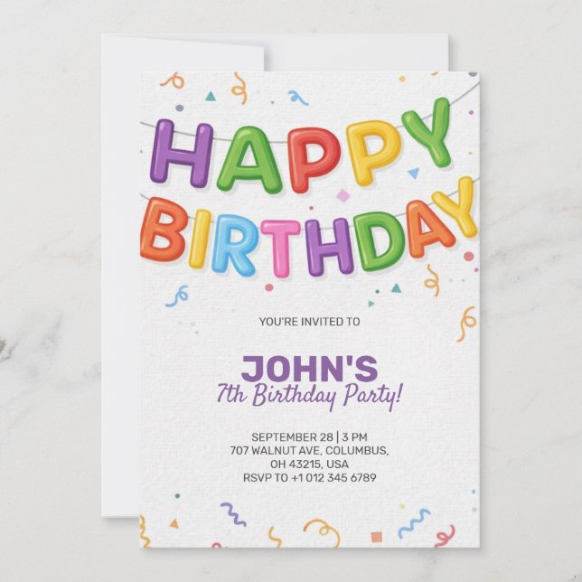 Invitación de cumpleaños colorida con tema festivo (Anverso)