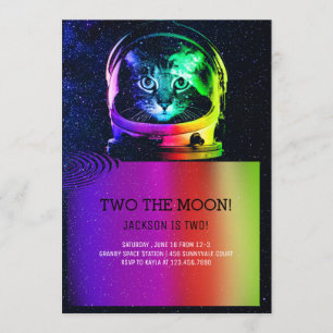 Invitación de cumpleaños colorida de gato astronau