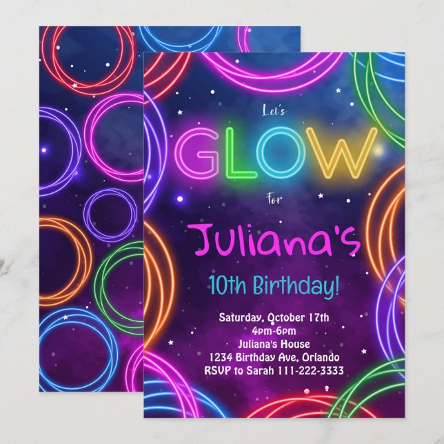 Invitación de cumpleaños colorida de Neon Glow (Anverso / Reverso)