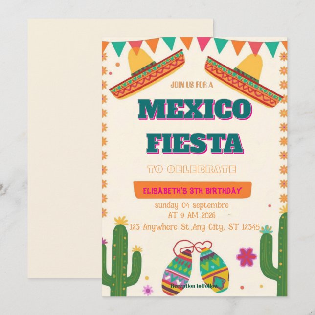 Invitación de cumpleaños Colorida Fiesta Mexicana (Anverso / Reverso)