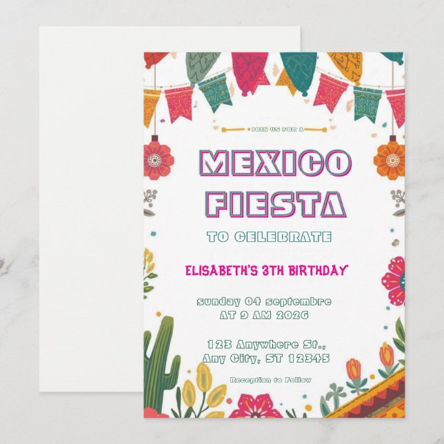 Invitación de cumpleaños Colorida Fiesta Mexicana (Anverso / Reverso)