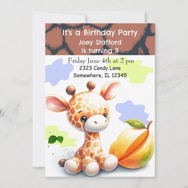 Invitación de cumpleaños colorida para bebé jirafa (Anverso)