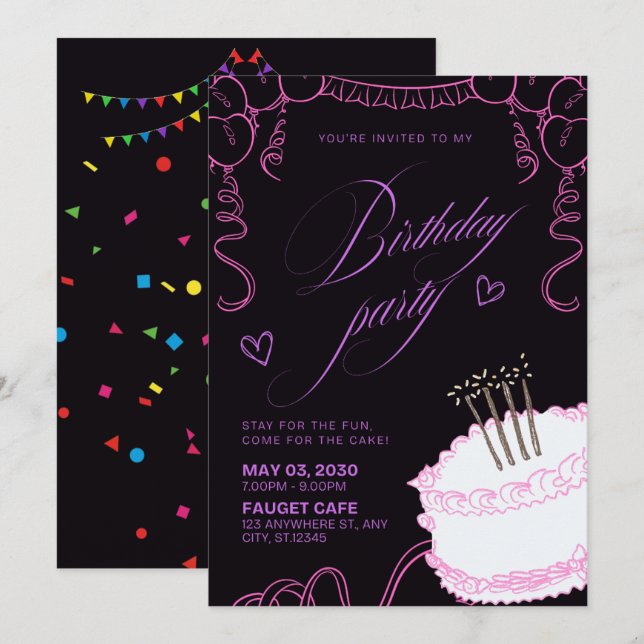 Invitación de cumpleaños colorida - Tarjeta de fie (Anverso / Reverso)