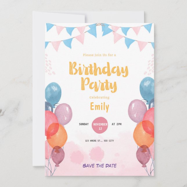 Invitación de cumpleaños colorida y colorida de co (Anverso)