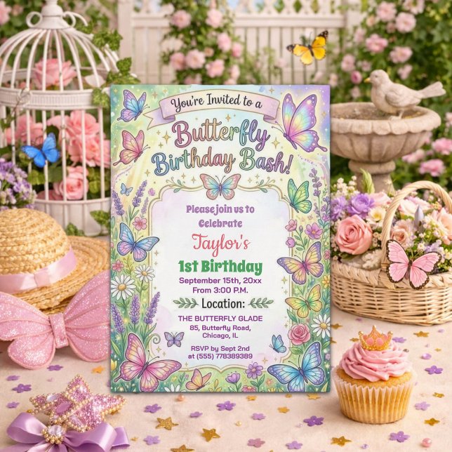Invitación de Cumpleaños Colorido Mariposas 1er Cu (Subido por el creador)