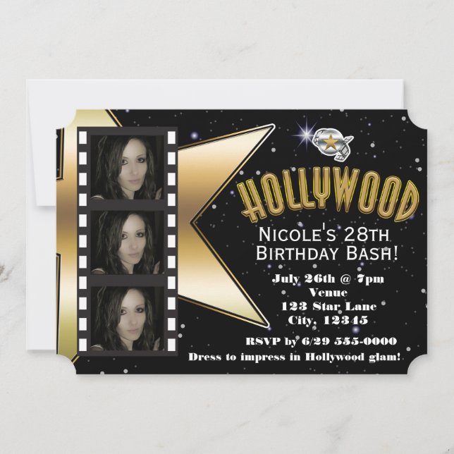 Invitación de cumpleaños con 3 fotos de Hollywood  (Anverso)