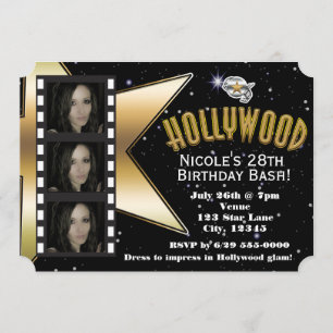 Invitación de cumpleaños con 3 fotos de Hollywood 
