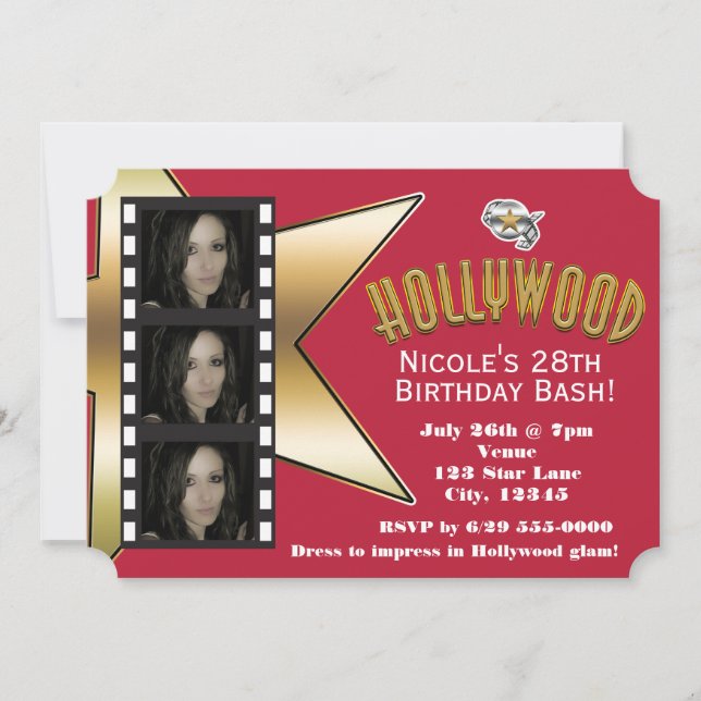 Invitación de cumpleaños con 3 fotos de Hollywood  (Anverso)