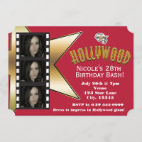Invitación de cumpleaños con 3 fotos de Hollywood 