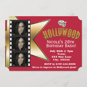 Invitación de cumpleaños con 3 fotos de Hollywood 