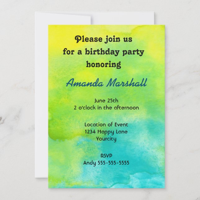 Invitación de cumpleaños con acuarela amarilla y a (Anverso)