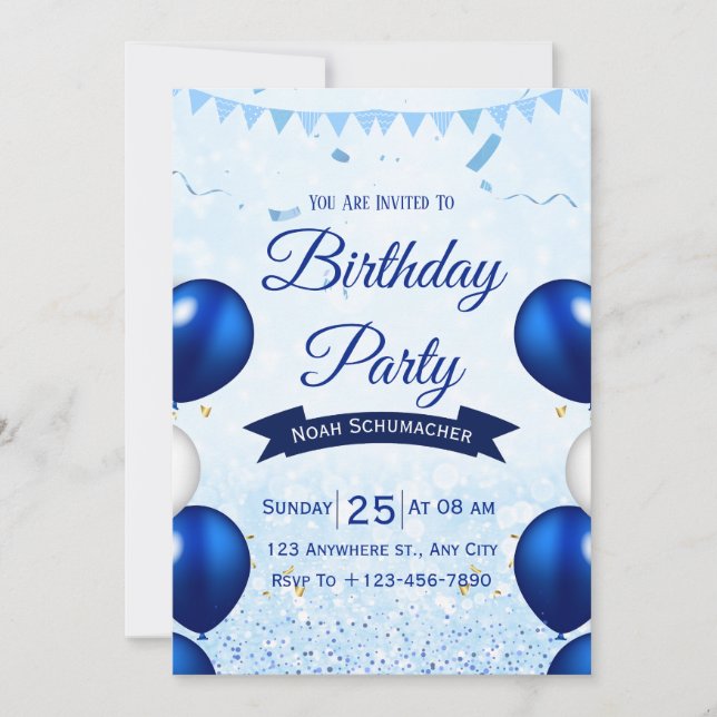 Invitación de cumpleaños con acuarela azul (Anverso)