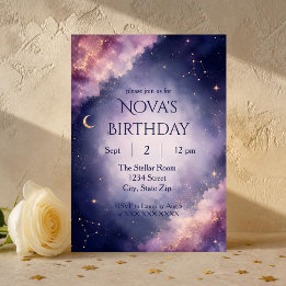 Invitación de cumpleaños con acuarela celestial |
