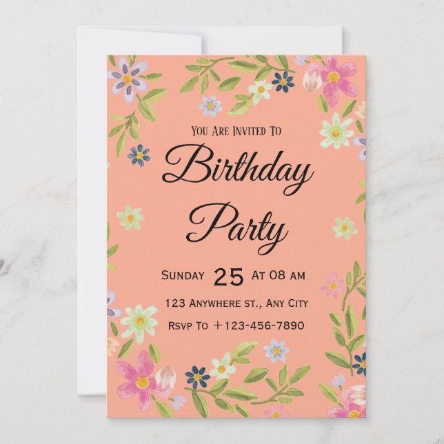 Invitación de cumpleaños con acuarela floral (Anverso)