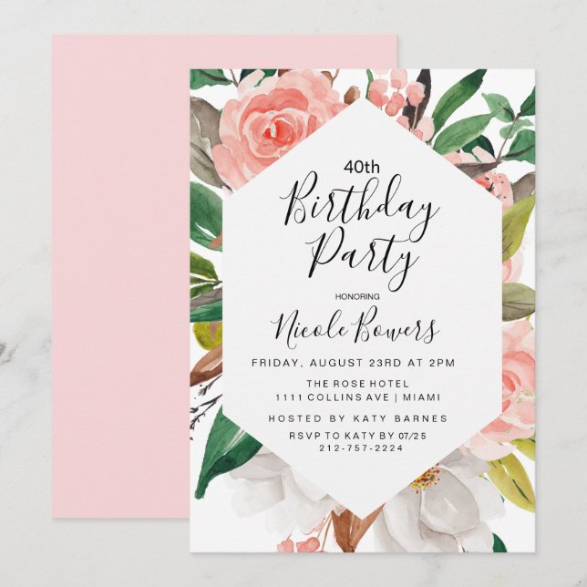 Invitación de cumpleaños con acuarela floral para  (Anverso / Reverso)