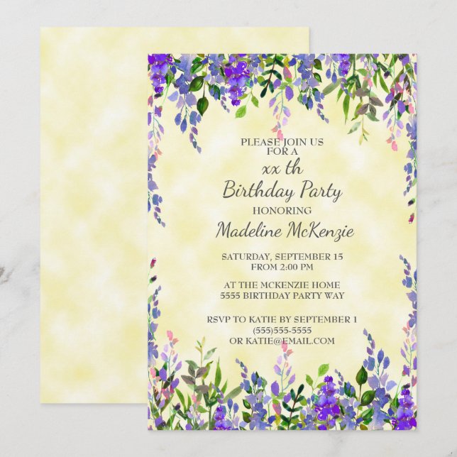 Invitación de cumpleaños con acuarela lavanda amar (Anverso / Reverso)