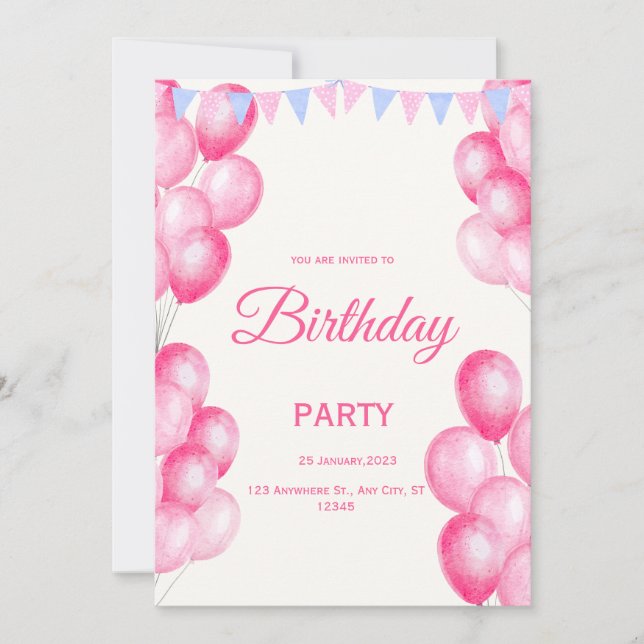 Invitación de cumpleaños con acuarela rosa (Anverso)