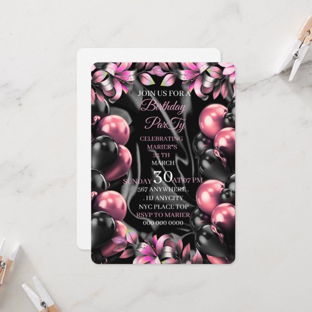 Invitación de cumpleaños con acuarela rosa femenin (Anverso/Reverso In Situ)