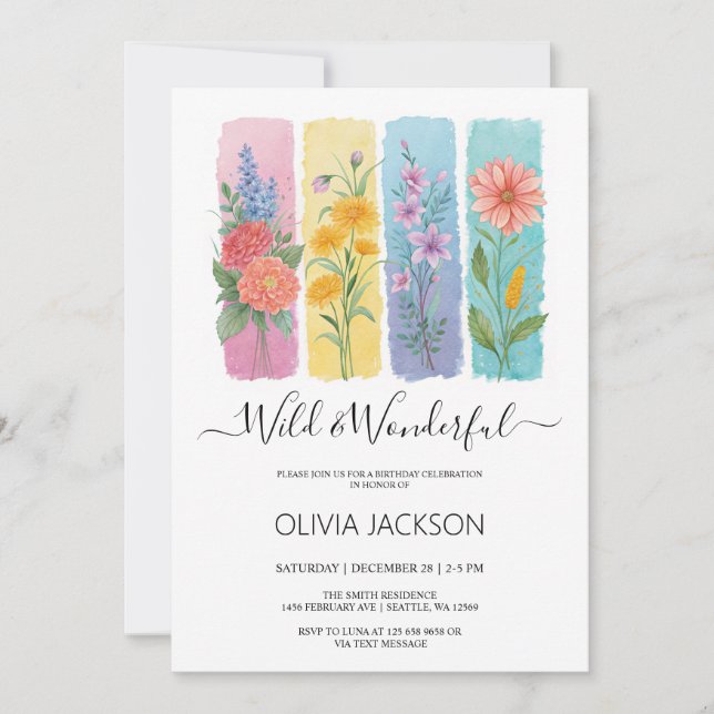 Invitación de cumpleaños con acuarela Salvaje y Ma (Anverso)