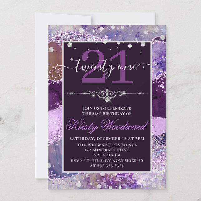 Invitación de cumpleaños con ágata de purpurina ro (Anverso)