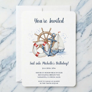 Invitación de cumpleaños con ancla náutica azul