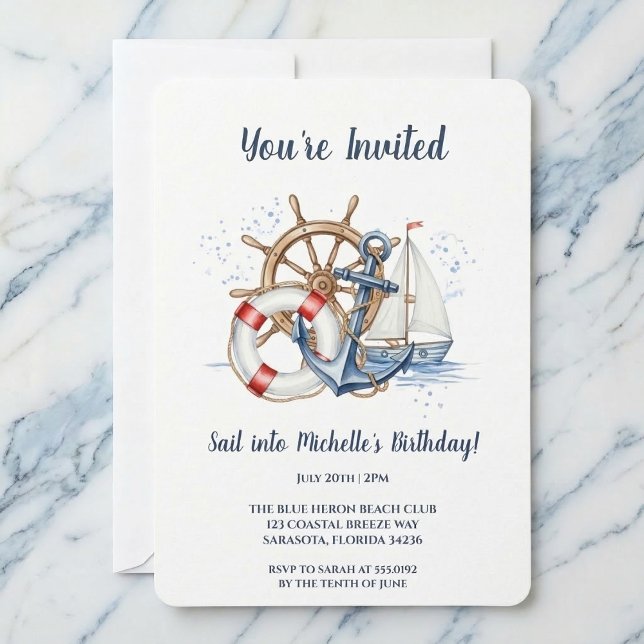 Invitación de cumpleaños con ancla náutica azul (Party by the sea.)