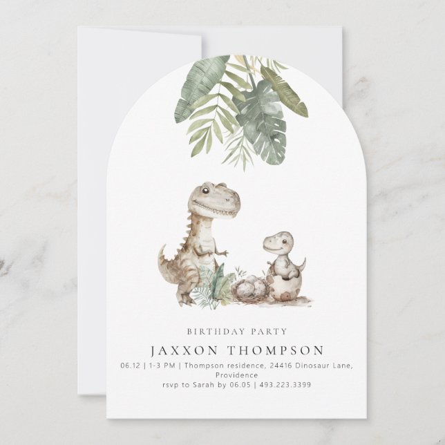 Invitación de cumpleaños con arco de dinosaurio (Anverso)