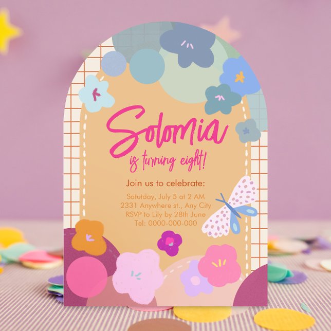 Invitación de cumpleaños con arco de niña con flor (Subido por el creador)
