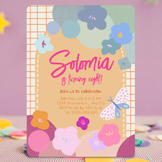 Invitación de cumpleaños con arco de niña con flor