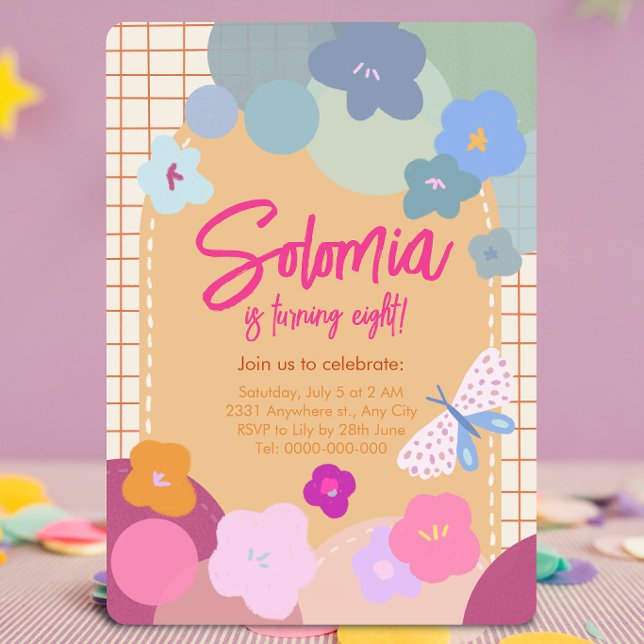 Invitación de cumpleaños con arco de niña con flor (Subido por el creador)