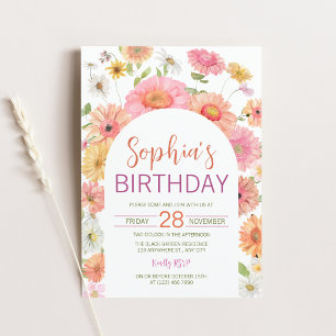 Invitación de cumpleaños con arco floral de gerber