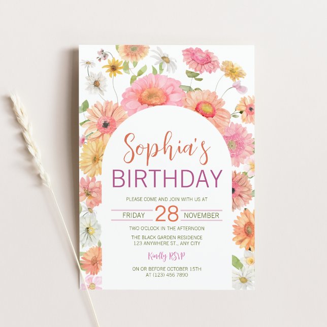 Invitación de cumpleaños con arco floral de gerber (Gerbera Daisy Watercolor Floral Arch Birthday Invitation)