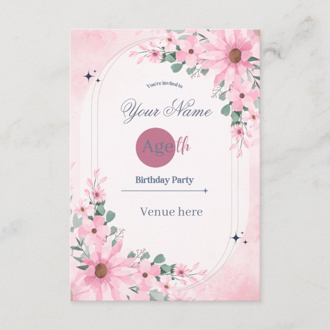 Invitación de cumpleaños con arco floral rosa (Anverso)