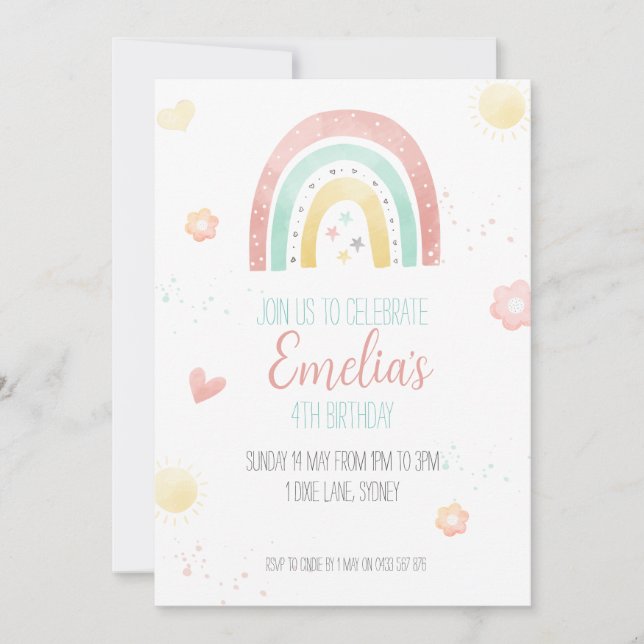 Invitación de cumpleaños con arcoiris (Anverso)