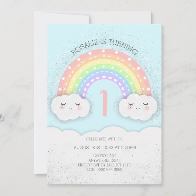 Invitación de cumpleaños con arcoiris y nubes | Az (Anverso)