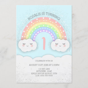Invitación de cumpleaños con arcoiris y nubes Az