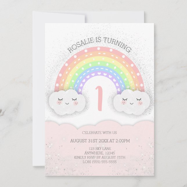 Invitación de cumpleaños con arcoiris y nubes | Ro (Anverso)