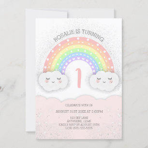 Invitación de cumpleaños con arcoiris y nubes Ro