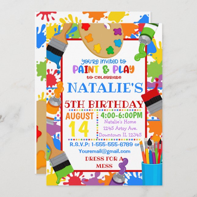 Invitación de cumpleaños con arte de pintura (Anverso / Reverso)