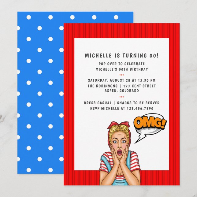 Invitación de cumpleaños con arte pop de cómic (Anverso / Reverso)