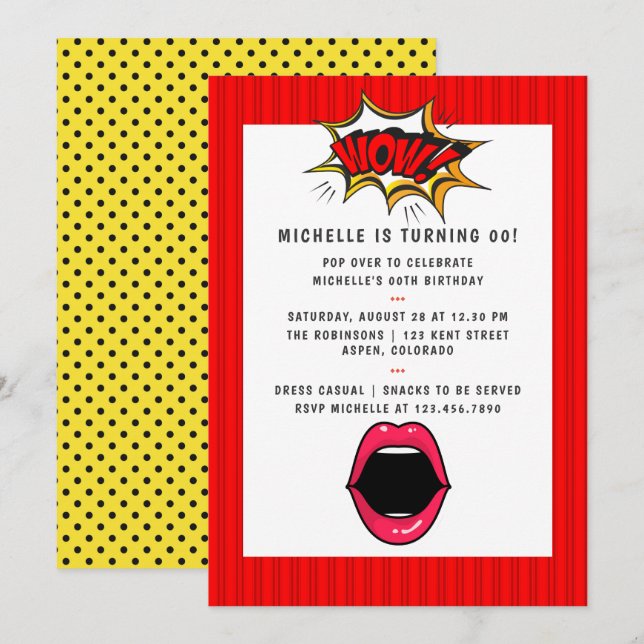 Invitación de cumpleaños con arte pop de cómic (Anverso / Reverso)