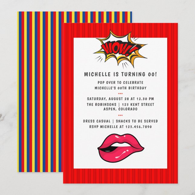 Invitación de cumpleaños con arte pop de cómic (Anverso / Reverso)