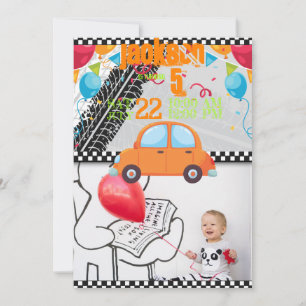 Invitación de cumpleaños con autos y pistas